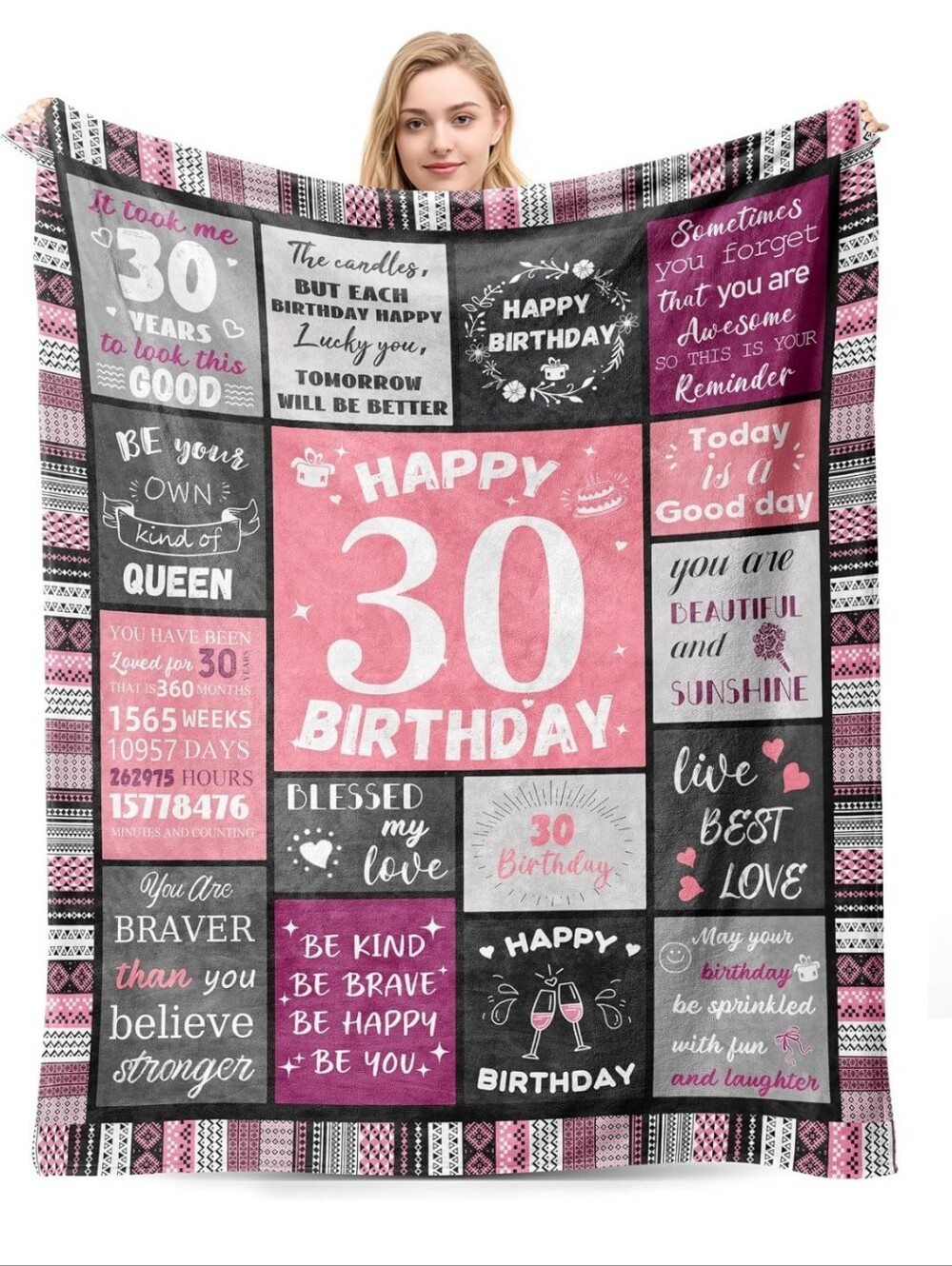 🆕️ 30th Birthday Pink Patchwork Fleece Throw Blanket - Celebration Gift